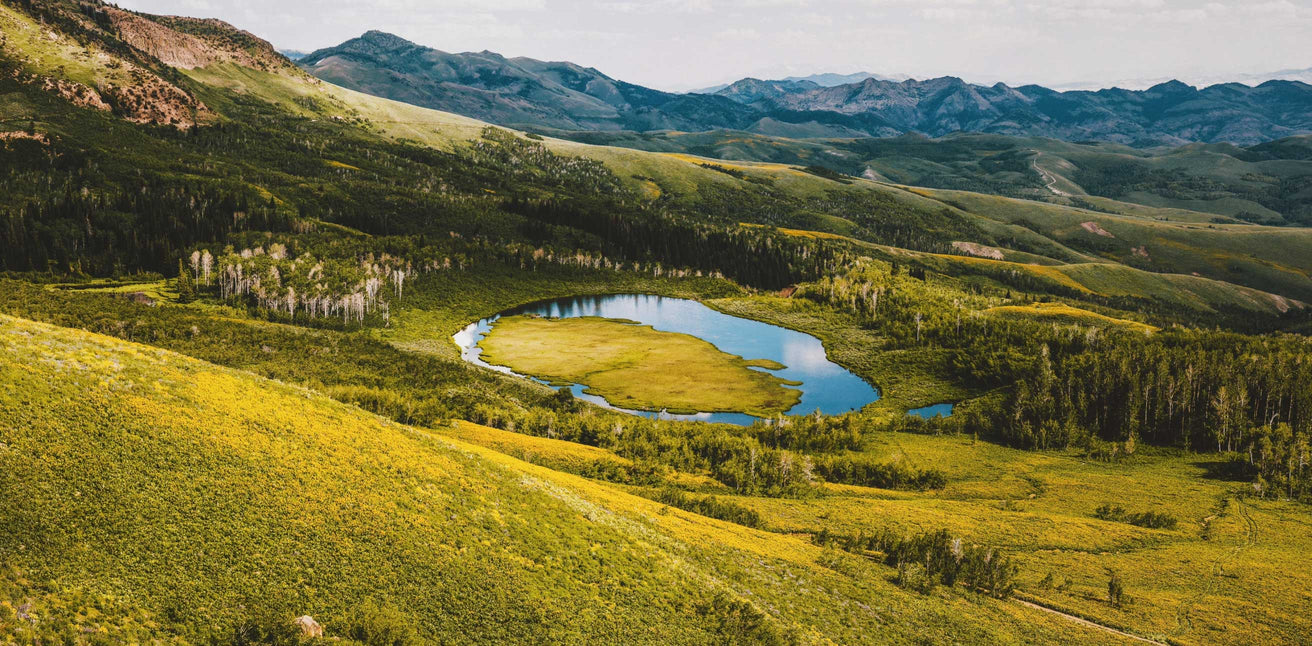 A serene landscape looking down into a valley with trees and small lake, surrounded by mountains in the distance.