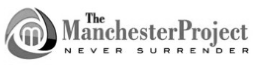 Greyscale logo for The Manchester Project, with the tagline "Never Surrender."
