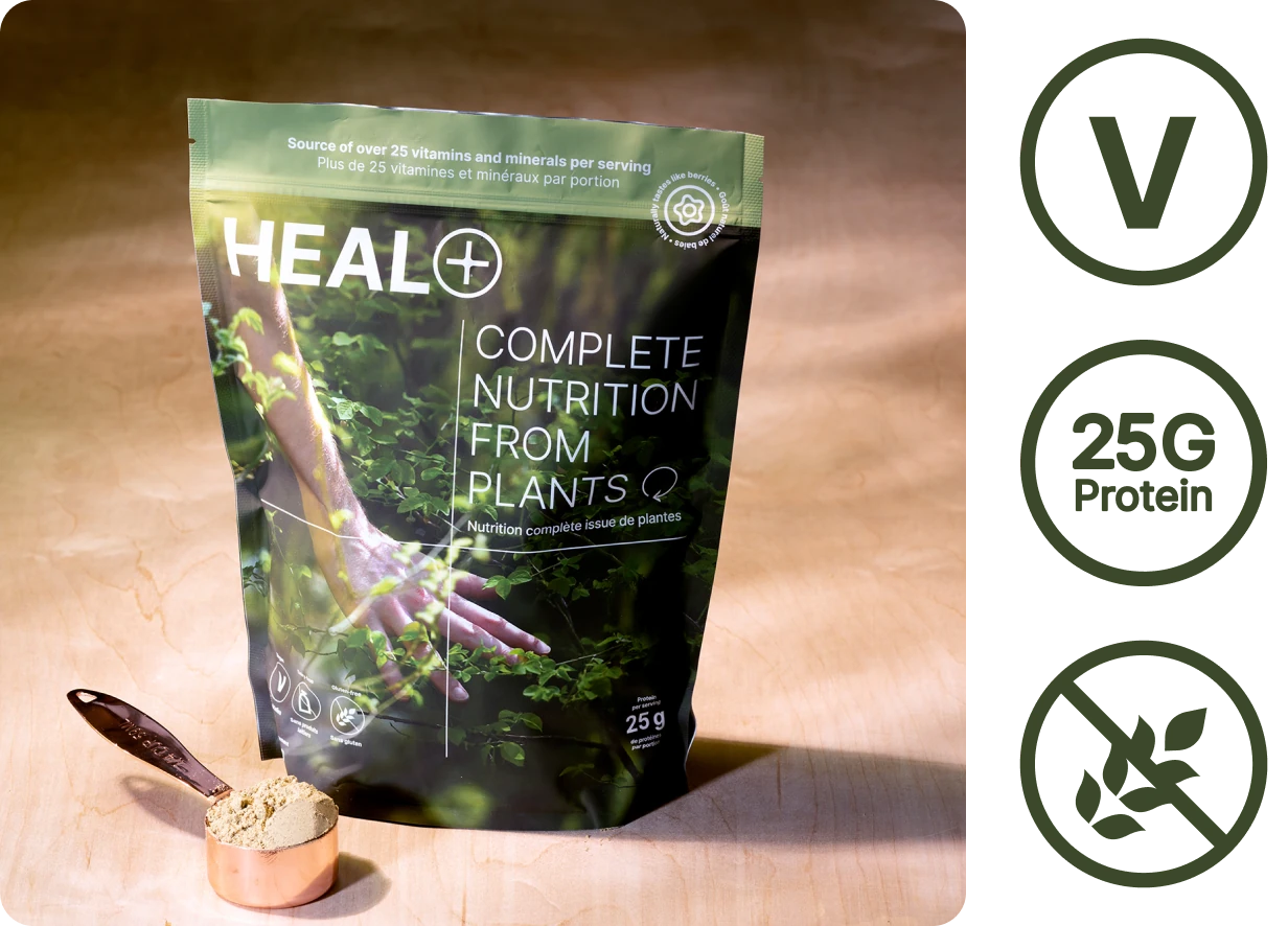 A bag of HEAL, showing it's vegan, gluten free, and has 25G of protein.